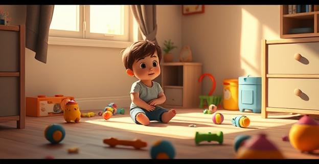 Un niño pequeño sentado en un rincón tranquilo, con una expresión pensativa, rodeado de juguetes dispersos en el suelo de una habitación iluminada por la luz natural de una ventana