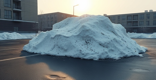 Un paisaje urbano invernal con un enorme montículo de nieve sucia y compacta en un rincón de un estacionamiento, bajo un sol tenue que lucha por calentarlo. La nieve parece desafiar la lógica, rodeada de asfalto oscuro. Detalles que sugieran la densidad y el tiempo transcurrido. Paleta de colores fríos con toques de gris y marrón.