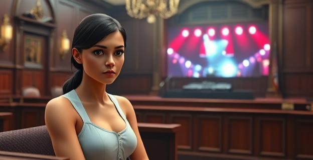 Una joven sentada en el banquillo de un juzgado con una expresión seria, mientras que al fondo se ve una imagen de un DJ pinchando en una discoteca de Ibiza