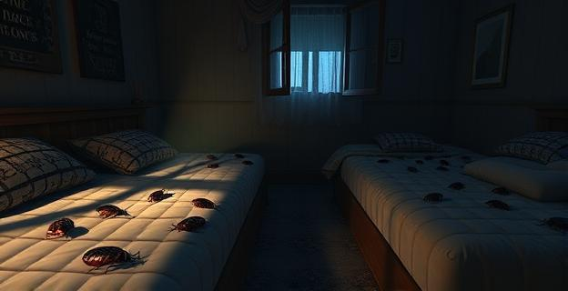 Imagen de una vivienda con chinches en colchones y grietas, iluminada por linterna en un ambiente oscuro