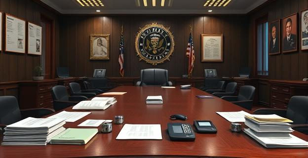 Imagen de un despacho ministerial con documentos y teléfonos, representando el lugar donde se tomaron decisiones importantes sobre el rescate de Plus Ultra.