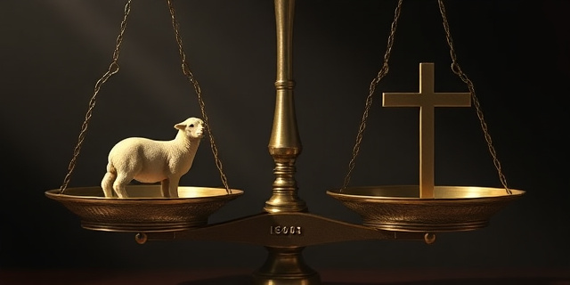 Una balanza antigua, de estilo renacentista, con una representación estilizada de un cordero en un plato y una cruz cristiana en el otro. La balanza está claramente inclinada hacia el lado del cordero. Fondo oscuro y dramático, iluminación con un foco que resalta la balanza. Estilo pictórico barroco.