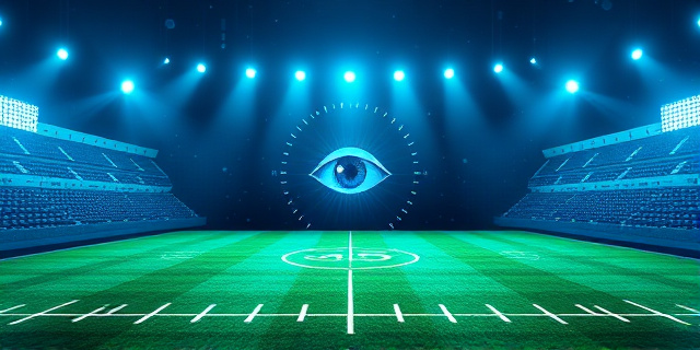 Representación abstracta de un campo de fútbol pixelado, con líneas de código flotando alrededor y un ojo digital omnipresente en el centro. Colores fríos: azul eléctrico, verde neón y gris metálico. Estilo futurista y minimalista.