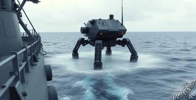 Un robot terrestre siendo lanzado al mar desde un buque de guerra y luego dirigiéndose de forma autónoma hacia la costa.