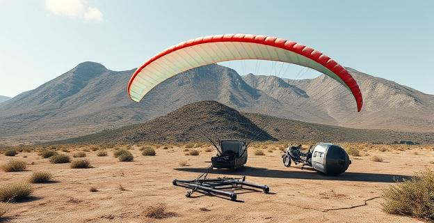 Imagen de un parapente aterrizando en una zona escarpada cerca de Ceuta o Melilla, con equipo abandonado en el suelo y un paisaje montañoso al fondo