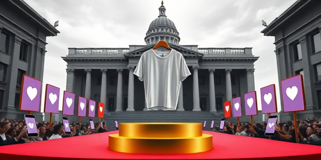 Una ilustración satírica de estilo editorial. Un podio político transformado en una pasarela de moda glamurosa. De fondo, un edificio gubernamental clásico y serio, mientras en primer plano una prenda de ropa minimalista flota sobre un pedestal de oro, rodeada de smartphones con pantallas que muestran corazones y likes. Colores contrastados: gris institucional frente a neones vibrantes de redes sociales.