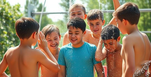 Un grupo de niños y niñas de entre 13 y 15 años duchanse juntos en un campamento de verano en Bernedo, Álava.