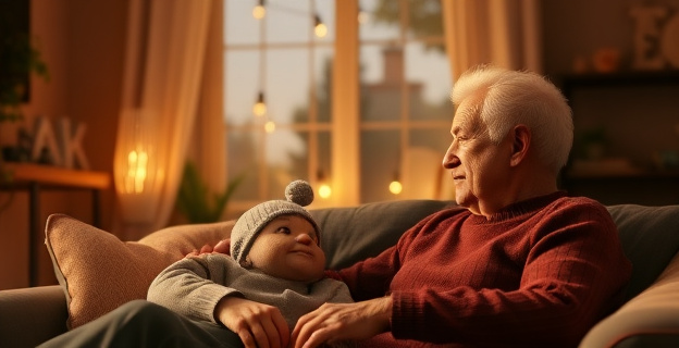 Una escena cálida y acogedora de una pareja mayor de 50 años compartiendo un momento íntimo en su hogar, con un ambiente de tranquilidad y felicidad.