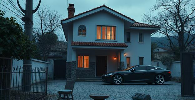 Una casa en Aravaca con varios teléfonos de prepago alrededor, en un ambiente de misterio y secretismo, con un coche de alta gama aparcado en la entrada.