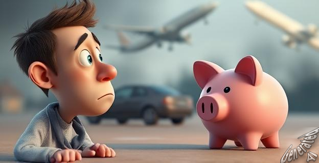 Un hombre preocupado mirando una hucha vacía con un coche y un avión estrellándose en el fondo.