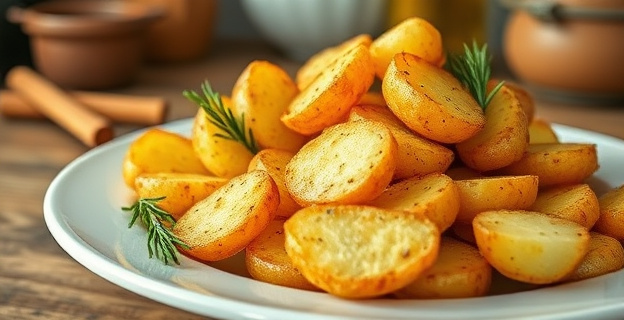 Una imagen artística de patatas doradas y crujientes en un plato, con un toque de romero y un fondo rústico de cocina.