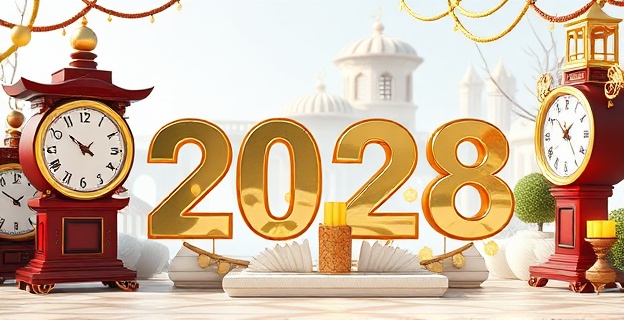 Una imagen que represente el cambio de año con elementos simbólicos como calendarios, relojes y fechas importantes, en un entorno que combine elementos antiguos y modernos sin incluir personas ni nombres propios.