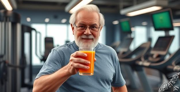 Un hombre de 80 años con aspecto de 30 en un gimnasio, rodeado de equipo de alta tecnología y con un vaso de jugo de zanahoria en la mano.