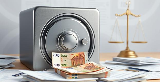 Una caja fuerte con billetes de euro rodeada de documentos de contabilidad y una balanza de justicia en el fondo