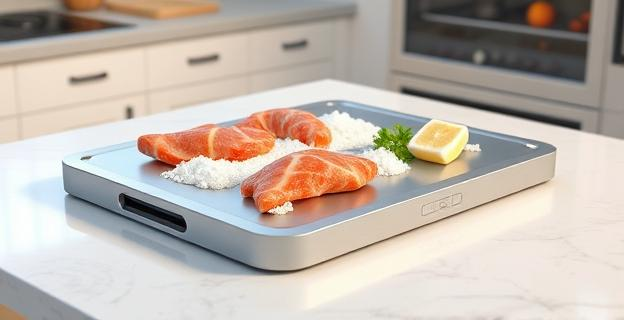 Una tabla de aluminio sobre una encimera de cocina con alimentos congelados alrededor