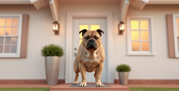 Imagen conceptual de un hogar con un perro grande y fuerte en la puerta, simbolizando protección y seguridad.