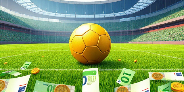 Una ilustración satírica que muestra un campo de fútbol donde el césped está hecho de billetes de euro verdes. En el centro, un balón de fútbol dorado que parece una moneda gigante. Al fondo, un estadio moderno con una lluvia de monedas cayendo sobre trajes ejecutivos y equipaciones deportivas, estilo caricatura editorial de periódico financiero.