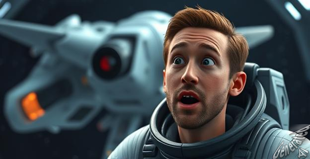 Una imagen de Ryan Gosling en el espacio, con una nave espacial de fondo y una expresión de sorpresa en su rostro.