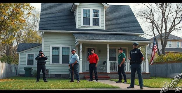 Imagen de una vivienda con policías y personas desalojadas