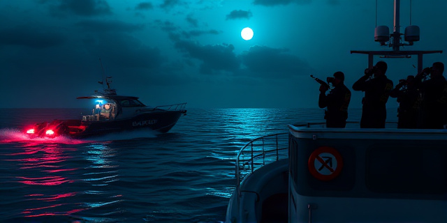 
  Una escena nocturna en el Estrecho de Gibraltar. Al fondo, una narcolancha rápida con tripulantes armados y chalecos tácticos, iluminada por los faros de una patrullera de la Guardia Civil en primer plano. La patrullera tiene aspecto de barco de pesca reformado, con agentes en cubierta observando con prismáticos, algunos con pistolas reglamentarias y otros señalando hacia la lancha enemiga. El agua está agitada, con reflejos de luces azules y rojas. En la cubierta de la patrullera, un cartel de 