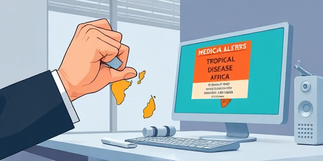 Una ilustración conceptual y satírica que muestra una mano gigante con un traje formal borrando con una goma de borrar un mapa de una ciudad costera fronteriza, mientras que en una pantalla de ordenador al lado aparece un aviso médico brillante sobre una enfermedad tropical en África. Estilo editorial moderno, colores contrastados, atmósfera de oficina gubernamental fría y minimalista.