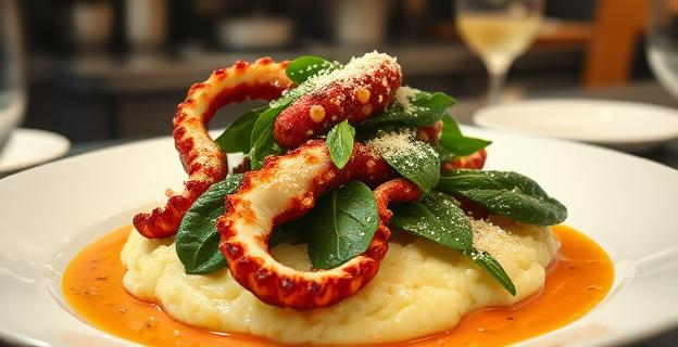 Plato gourmet con pulpo a la plancha sobre puré de patatas cremoso, adornado con hojas de espinaca y parmesano rallado, con un fondo que sugiere una cocina de alta gama.