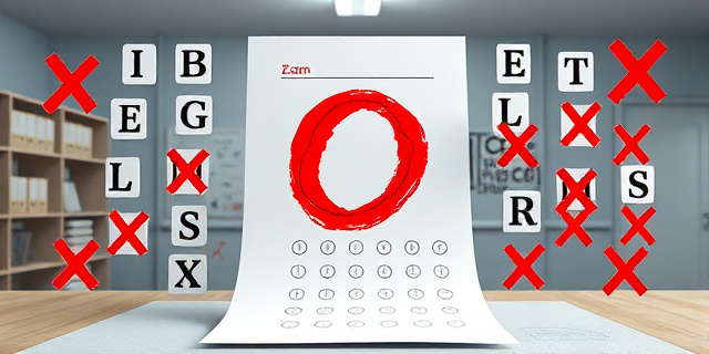 Una ilustración conceptual y satírica que muestra una hoja de examen universitaria con un cero gigante y rojo marcado con tinta, donde la hoja se transforma en un laberinto burocrático. Alrededor, un abecedario flotando donde las letras de la I a la S están tachadas con una cruz roja. Estilo editorial moderno, colores contrastados, fondo minimalista de oficina académica fría.