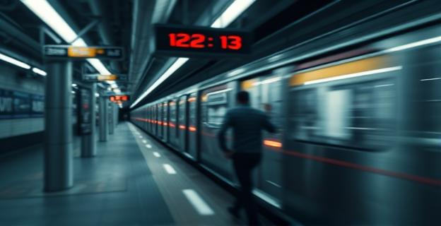 Representación abstracta de una estación de metro con elementos de andén y vía. Un tren moderno en movimiento, difuminado. Una figura humana etérea siendo empujada hacia el tren. La escena debe transmitir caos y urgencia, con luces de emergencia intermitentes y un ambiente oscuro y metálico. Sin caras ni identidades claras. Un reloj digital mostrando la hora 12:13.