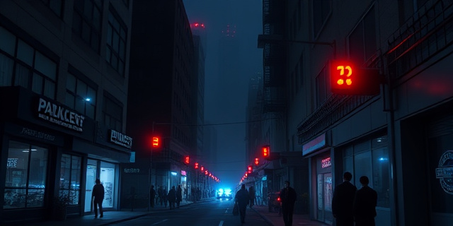 Una imagen de una ciudad oscura con luces de emergencia y personas caminando por la calle