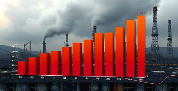 Una representación visual de un gráfico de barras mostrando el aumento de los bonos de Venezuela y PDVSA, con un fondo que simboliza la industria petrolera venezolana en ruinas y en reconstrucción.