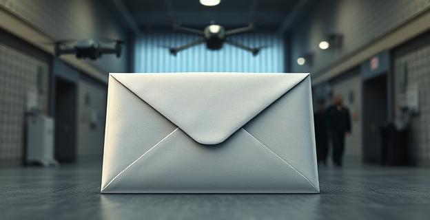 Una carta con papel impregnado de fentanilo siendo introducida en una prisión con drones en el fondo y funcionarios intentando detectarlos.