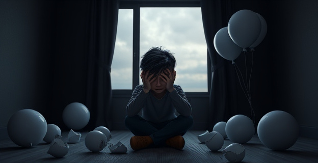 Una persona sentada en una habitación oscura con la cabeza entre las manos, rodeada de globos rotos y con una expresión de tristeza y frustración. Al fondo, una ventana con una vista a un paisaje gris y nublado.