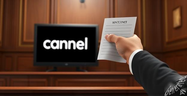 Imagen de un tribunal de justicia con una sentencia en la mano, al fondo una televisión con el logo de Canal Red.