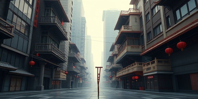 Una muleta solitaria en medio de un laberinto de edificios modernos y tradicionales chinos, con una iluminación dramática que resalte la incertidumbre y el misterio. Estilo pictórico, colores apagados con toques de rojo y dorado.