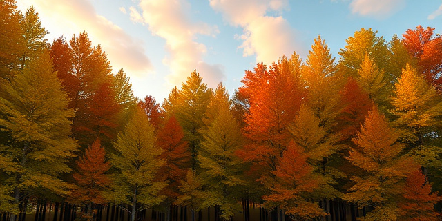 Un bosque otoñal con árboles altos cubiertos de hojas que cambian de verde a amarillos, naranjas y rojos intensos bajo un cielo parcialmente nublado; la luz del atardecer realza los colores y se percibe una ligera bruma en el aire