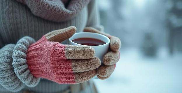 Imagen de una persona abrigada con calcetines y guantes gruesos, con un vaso de té caliente en las manos, en un entorno invernal frío.