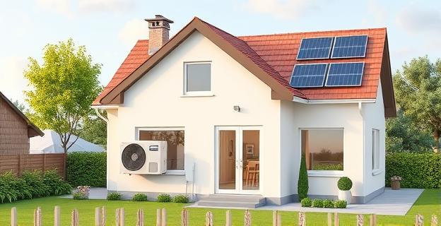 Imagen de una vivienda moderna con bomba de calor y paneles solares, representando la transición hacia una calefacción sostenible y eficiente en el marco de la Directiva Europea de Eficiencia Energética.