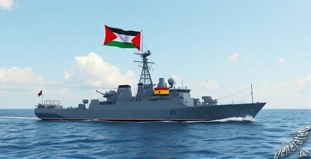 Un barco de la Armada española en el mar Mediterráneo cerca de la costa de Gaza, con banderas palestinas ondeando en el fondo.