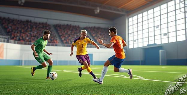 Ilustración de un partido de fútbol sala con jugadores de diferentes países, incluyendo Brasil y España, en un estadio con pista de baloncesto y balonmano.