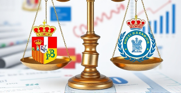 Una balanza de justicia con el escudo de la Comunidad de Madrid en un platillo y el logotipo del Gobierno de España en el otro, con un martillo de juez en el centro y un fondo con elementos que representen la financiación autonómica, como gráficos de presupuestos y documentos oficiales.