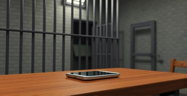 Una cárcel con rejas y un teléfono en una mesa