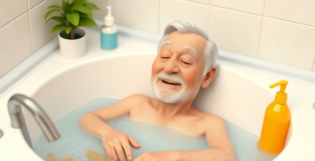 Una persona mayor en una bañera, con expresión de alivio y comodidad, rodeada de productos de higiene suaves y naturales.