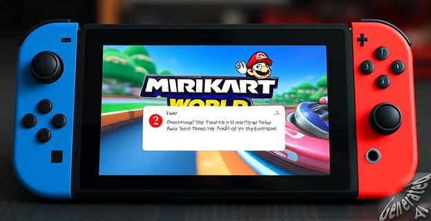Una imagen de una consola Nintendo Switch2 con la pantalla de inicio mostrando Mario Kart World, con un mensaje de error al intentar iniciarlo.