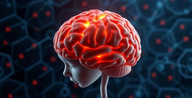 Imagen de un cerebro infantil con áreas resaltadas mostrando actividad neuronal, rodeado de patrones y formas abstractas que representan el aprendizaje estadístico y la formación de memorias
