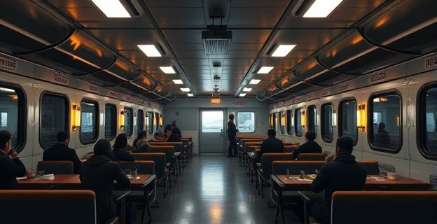 Un módulo de recepción de inmigrantes en un puerto con instalaciones modernas y amplias, con calefacción y comidas servidas, en un ambiente tenso y controvertido.