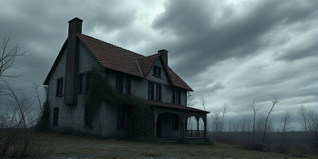 Una casa derruida, con un cielo gris tormentoso de fondo. Los escombros están cubiertos de enredaderas y el entorno es desolado y desolado. La imagen debe transmitir una sensación de decadencia, engaño y corrupción encubierta. Uso de tonos oscuros y texturas rugosas.