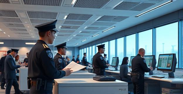 Oficina de una aerolínea con agentes de policía registrando documentos y equipos informáticos