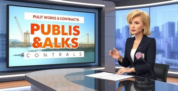Imagen de un plató de televisión con una presentadora de noticias hablando frente a una pantalla con gráficos de obras públicas y contratos. En el escritorio, papeles con notas y un micrófono.