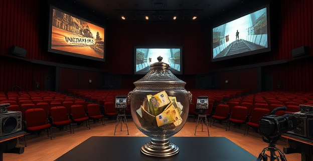 Una sala de cine vacía con pantallas de cine iberoamericano en las paredes, y una urna de cristal con billetes de euro dentro, rodeada de cámaras de cine antiguas y equipo de iluminación de estudio