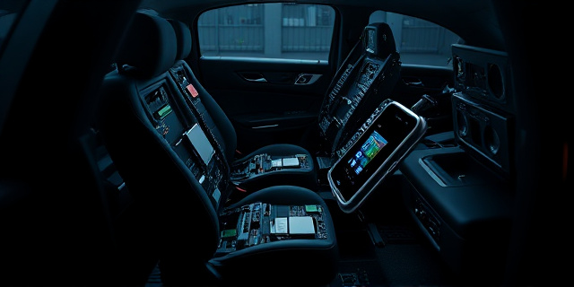Una imagen abstracta que representa un asiento de coche desmantelado, revelando en su interior un laberinto de circuitos electrónicos y pantallas de teléfonos móviles. Tonos oscuros y contrastados, con un toque de surrealismo. El foco en la complejidad oculta y la ironía de la situación.